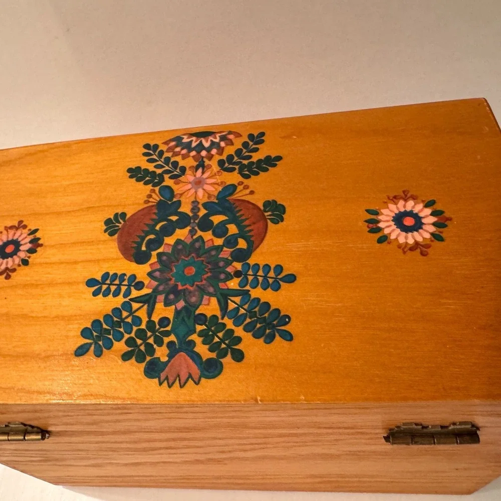 Vintage Wooden Jewelry Box Hinged Hidden Drawer Design Folk Art Detail‎
